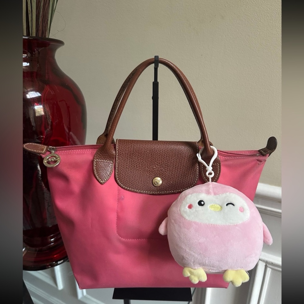 🌹 Longchamp Pink Medium Tote Leather Bag with CutieBuddie Charm